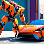 **Vibrant Tobot Transformation:** A Tobot character dynamically transforming from a colorful car into a robot. Focus on bright, eye-catching colors and a sense of movement.