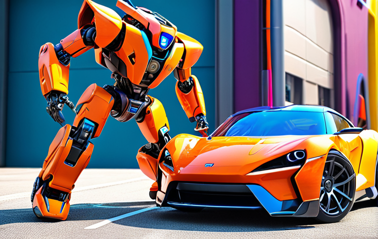 **Vibrant Tobot Transformation:** A Tobot character dynamically transforming from a colorful car into a robot. Focus on bright, eye-catching colors and a sense of movement.